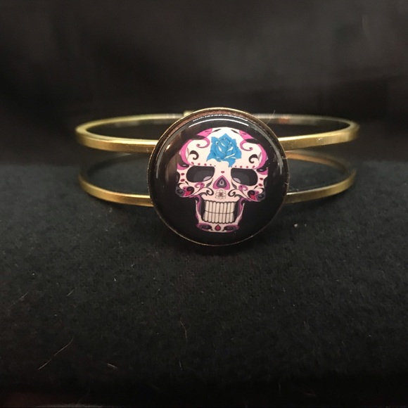 Sugar Skull Hinged Cuff/Bangle Bracelet - Picture 3 of 5